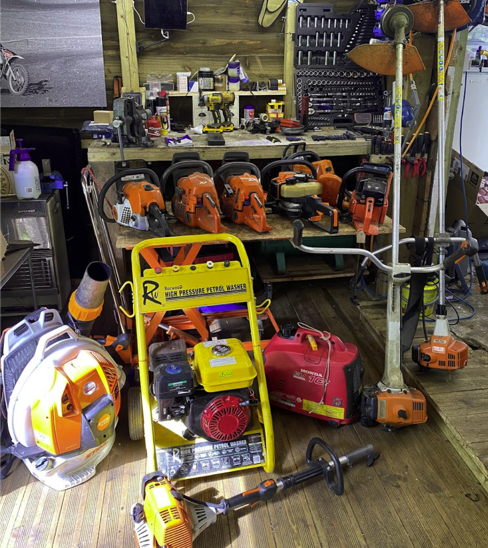 Stihl chainsaw on the workbench mid-repair